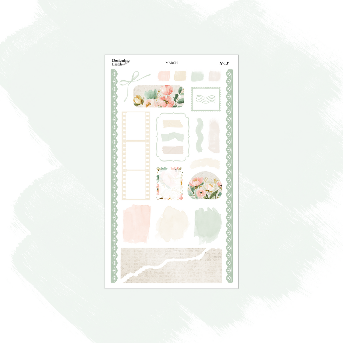 March layering sticker sheet with frames, labels, torn paper, florals and green side borders