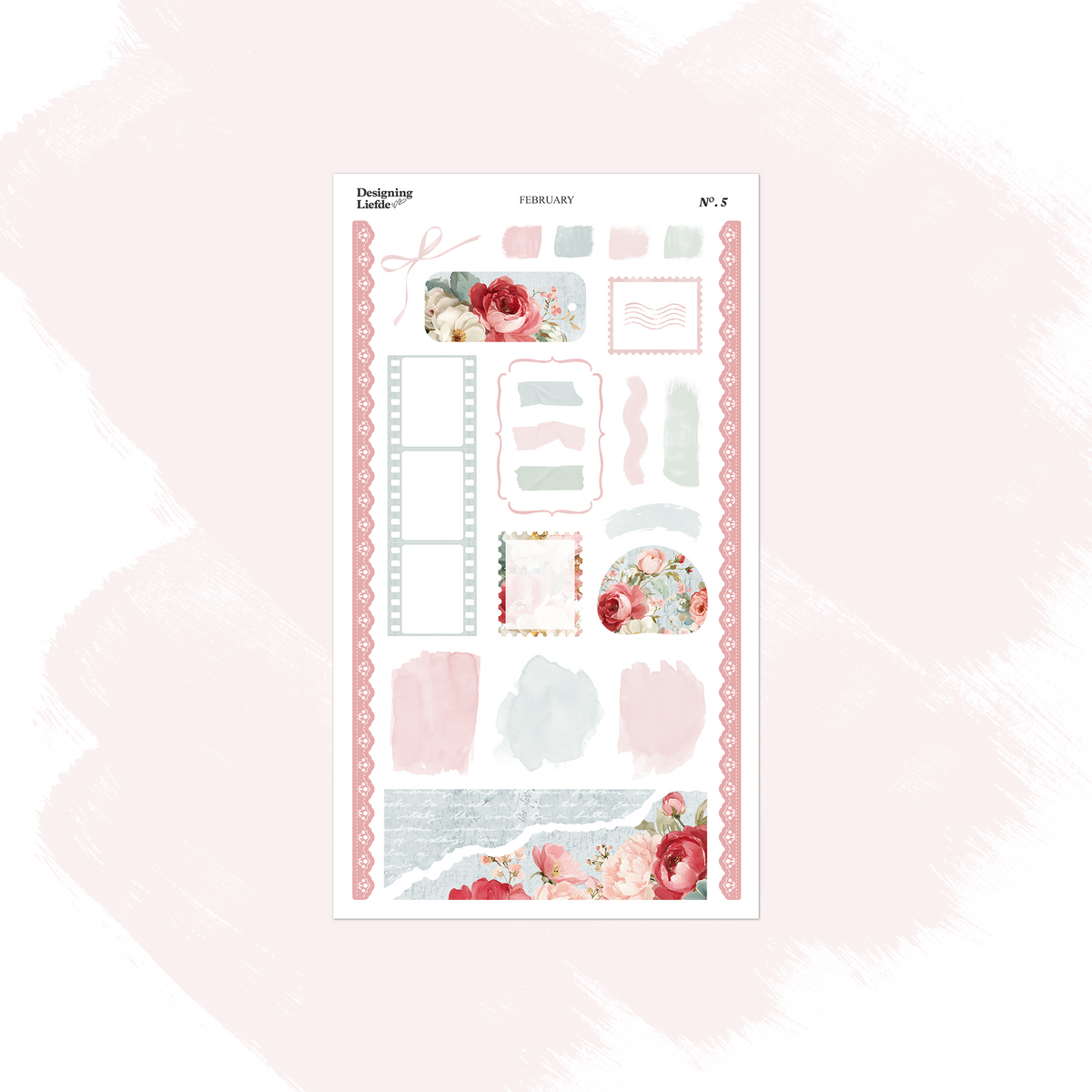 February layering sticker sheet with frames, labels, torn paper, roses and pink side borders