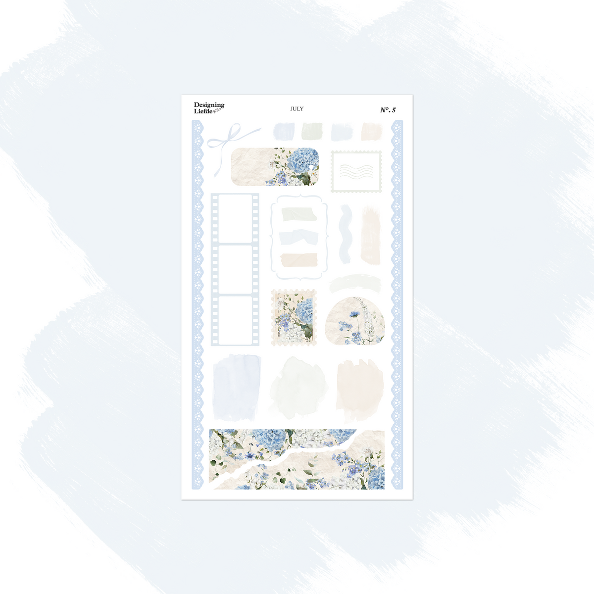 July layering sticker sheet with frames, labels, torn paper, hydrangeas and blue side borders