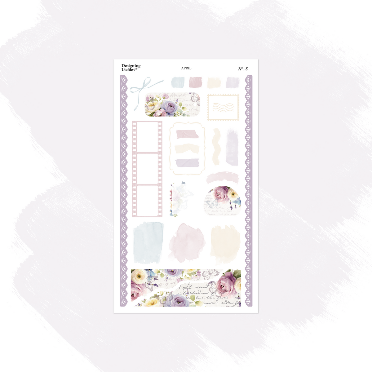 April layering sticker sheet with frames, labels, torn paper, florals and lavender side borders