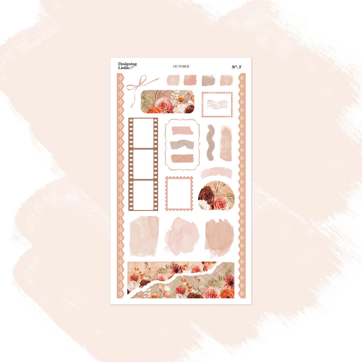 October layering sticker sheet with frames, labels, torn paper, autumn florals and brown side borders