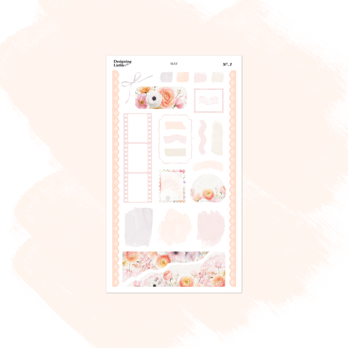 May layering sticker sheet with frames, labels, torn paper, florals and peach side borders