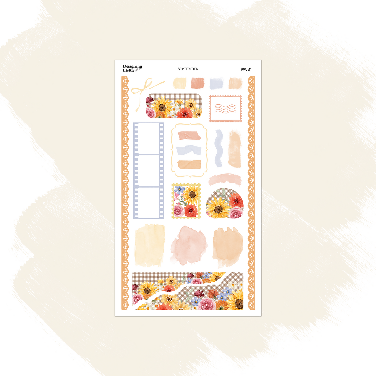 September layering sticker sheet with frames, labels, torn paper, wildflowers and orange side borders