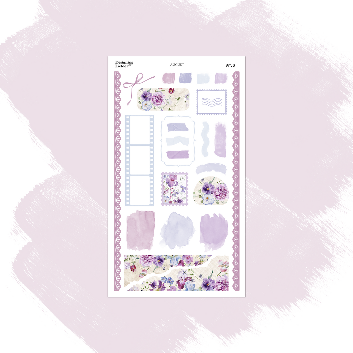 August layering sticker sheet with frames, labels, torn paper, purple florals and side borders