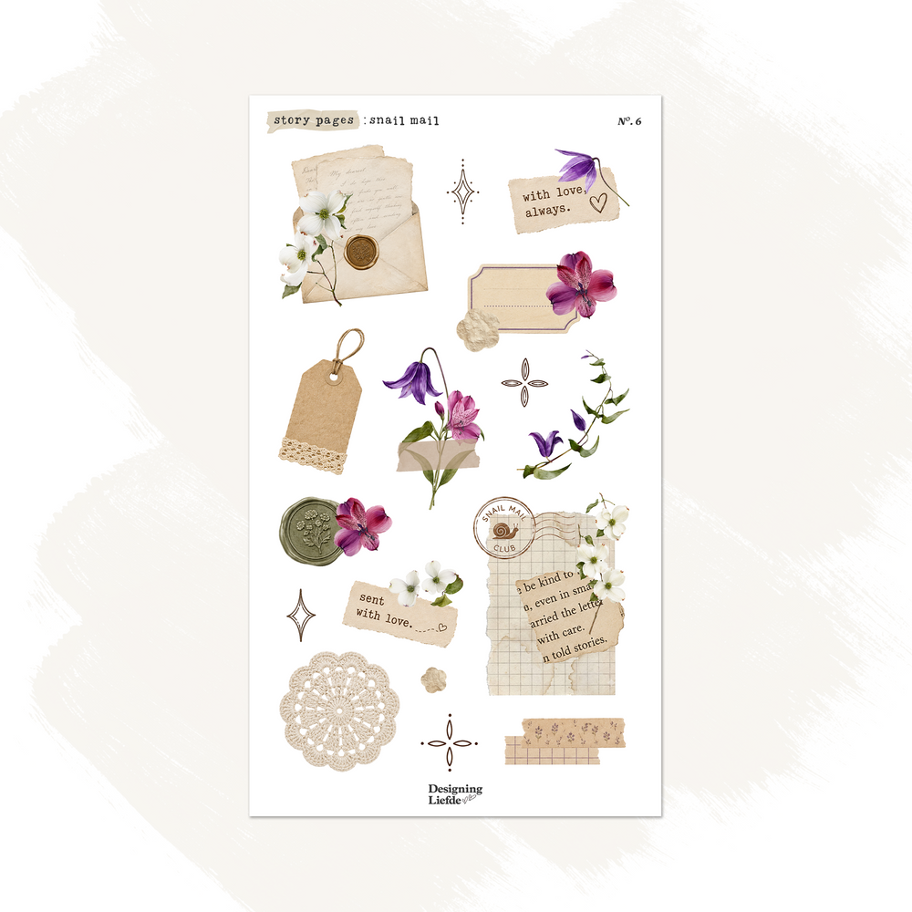 Snail Mail journaling sticker kit with vintage letters, postal ephemera and purple, pink and white flowers