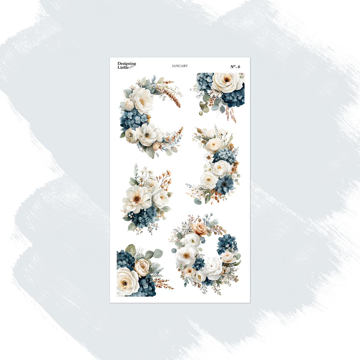 January floral sticker sheet with white and blue flower clusters, pinecones and winter foliage