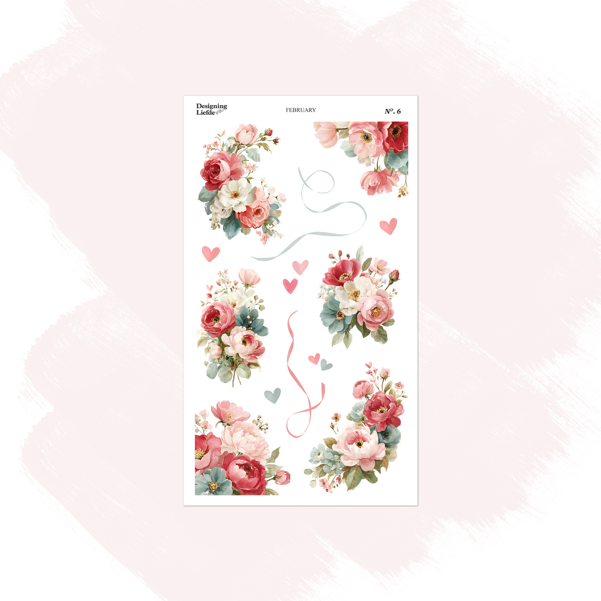 February floral sticker sheet with pink and red flower clusters, ribbons and scattered hearts