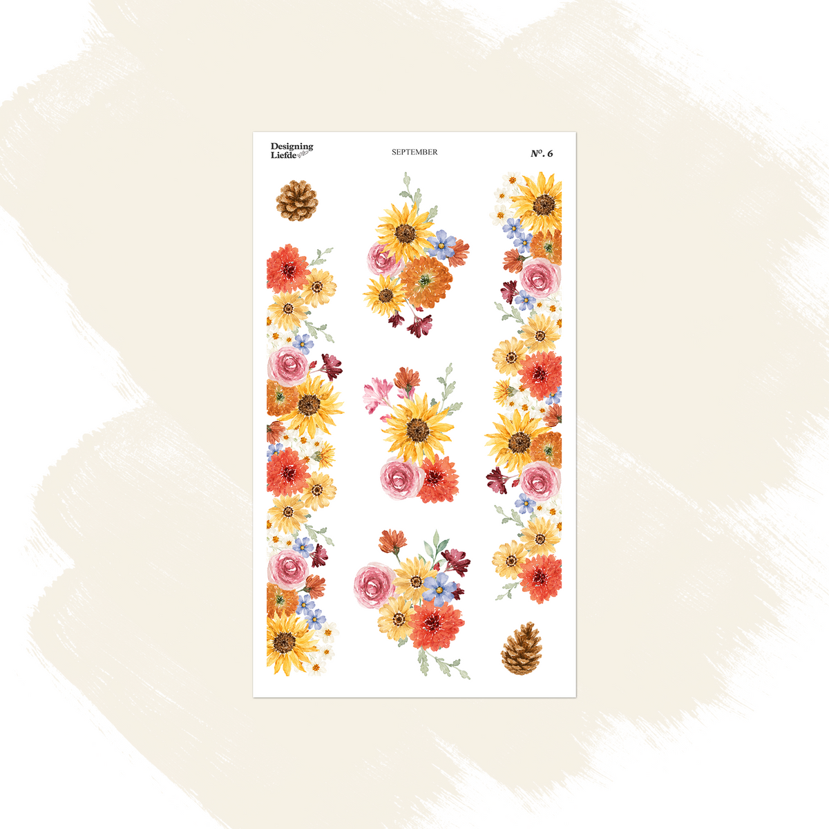 September floral sticker sheet with autumn flower clusters, sunflowers, roses and pinecones