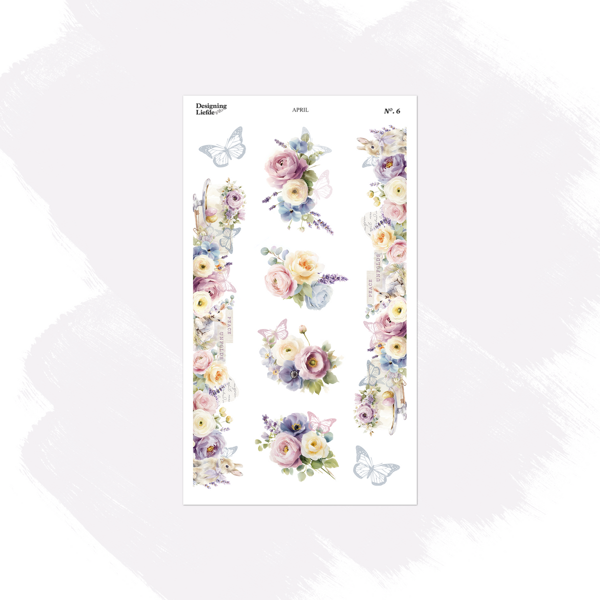 April floral sticker sheet with pastel flower clusters, butterflies and vertical floral borders