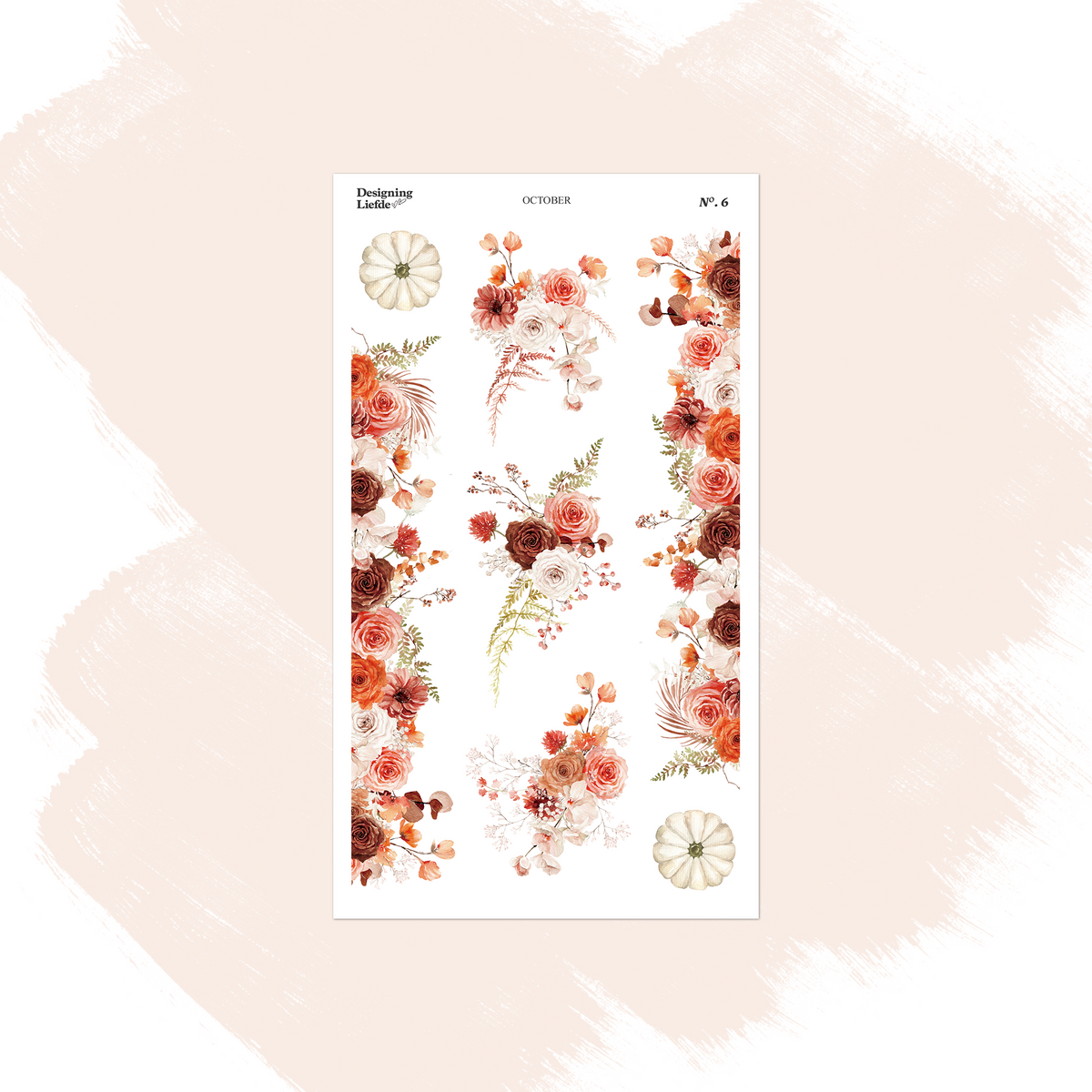 October floral sticker sheet with autumn rose clusters, leaves, mushrooms and pumpkins