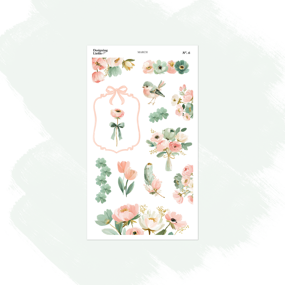 March floral sticker sheet with tulips, flower clusters, birds, a bow and a floral frame