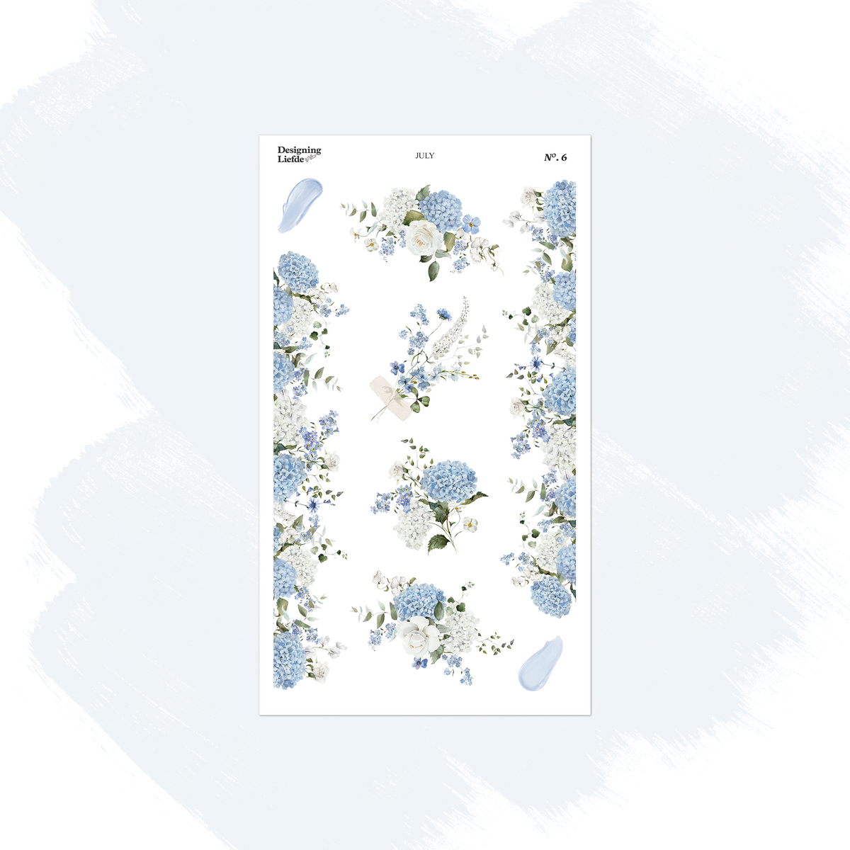 July floral sticker sheet with blue hydrangea clusters, leafy sprigs, bows and floral borders