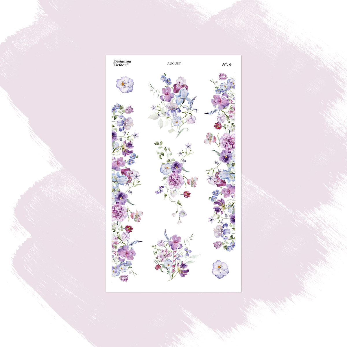 August floral sticker sheet with purple flower clusters, blossoms, butterflies and floral borders