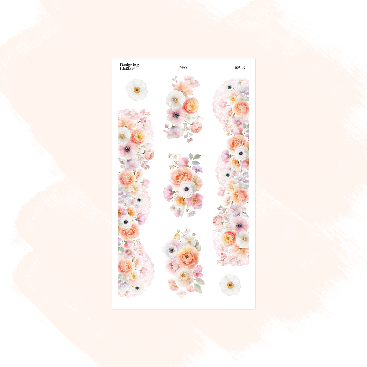 May floral sticker sheet with peach and blush flower clusters, stems and floral borders