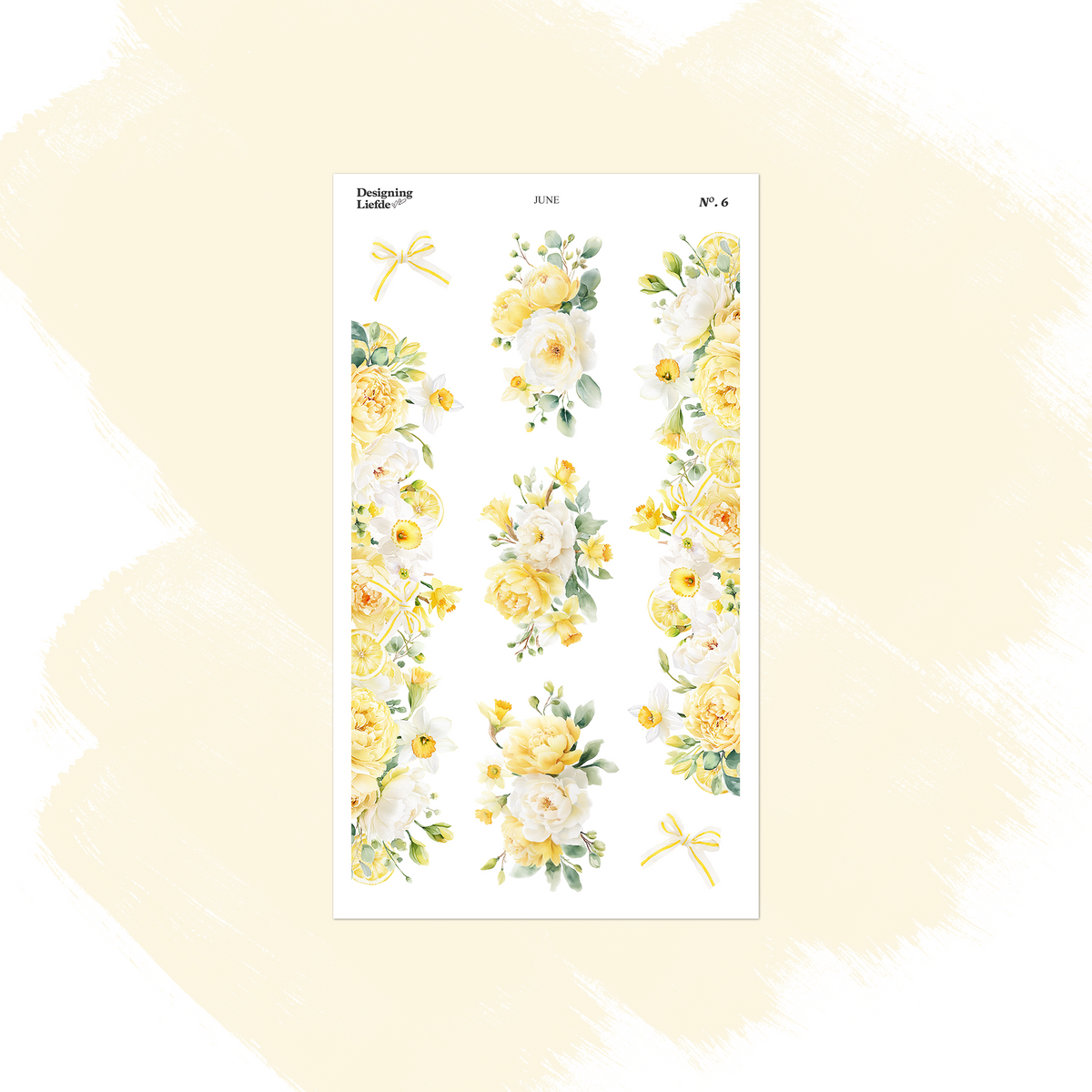 June floral sticker sheet with yellow and white flower clusters, lemons, bows and floral borders