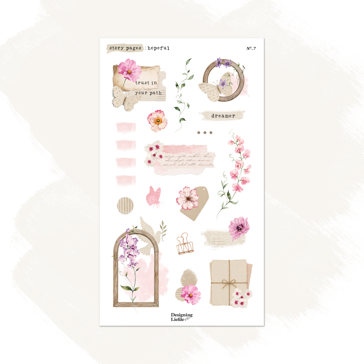 Hopeful journaling sticker kit with pink and purple flowers, butterflies, vintage frames and inspirational words