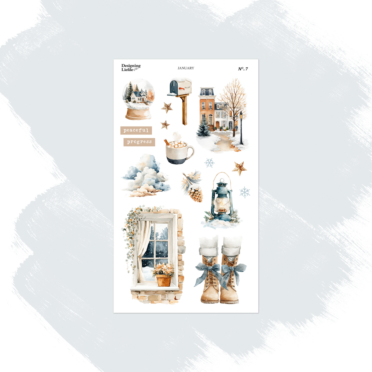 January decorative sticker sheet with mailbox, snowy buildings, coffee, boots, window and lantern
