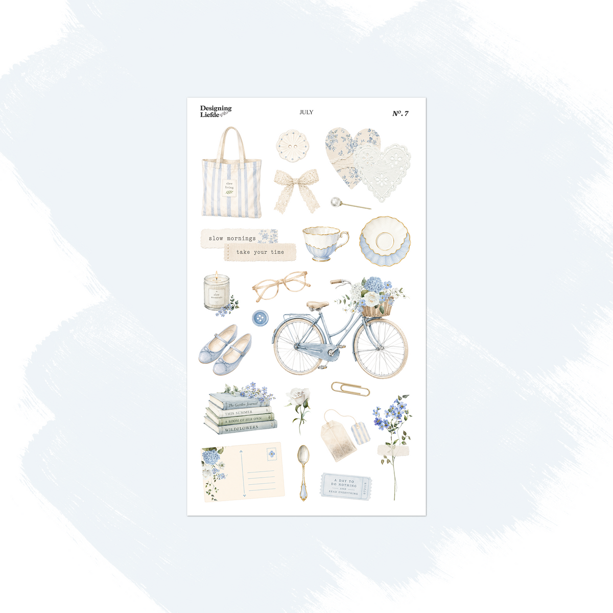 July decorative sticker sheet with bicycle, coffee, books, shoes, bows and stationery
