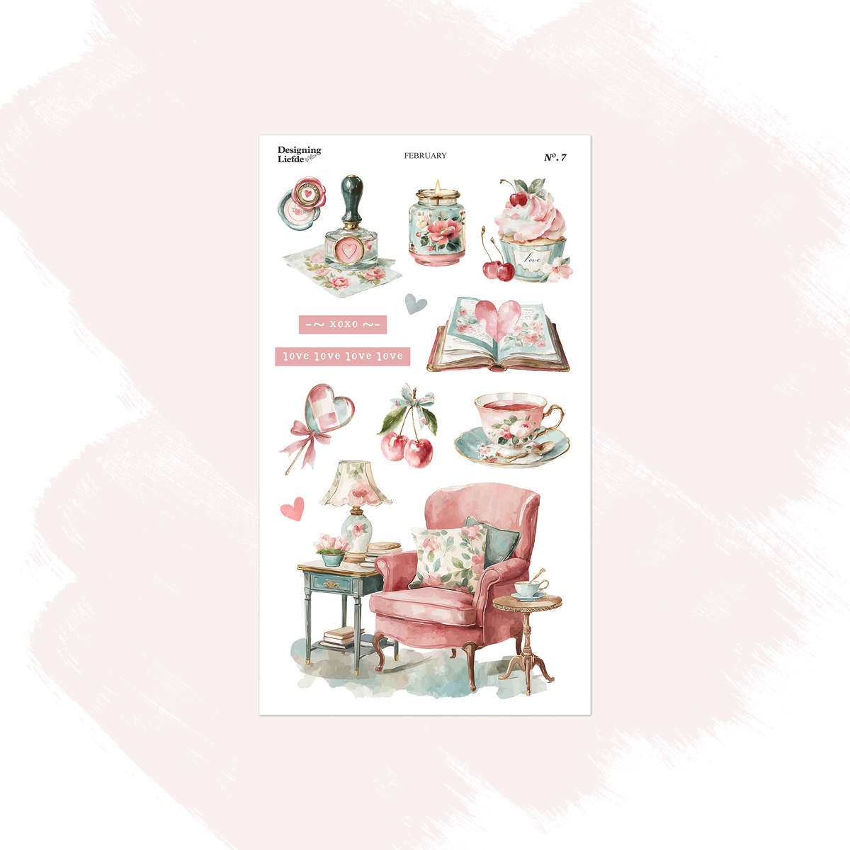 February decorative sticker sheet with perfume, cherries, books, teacup and a pink reading chair