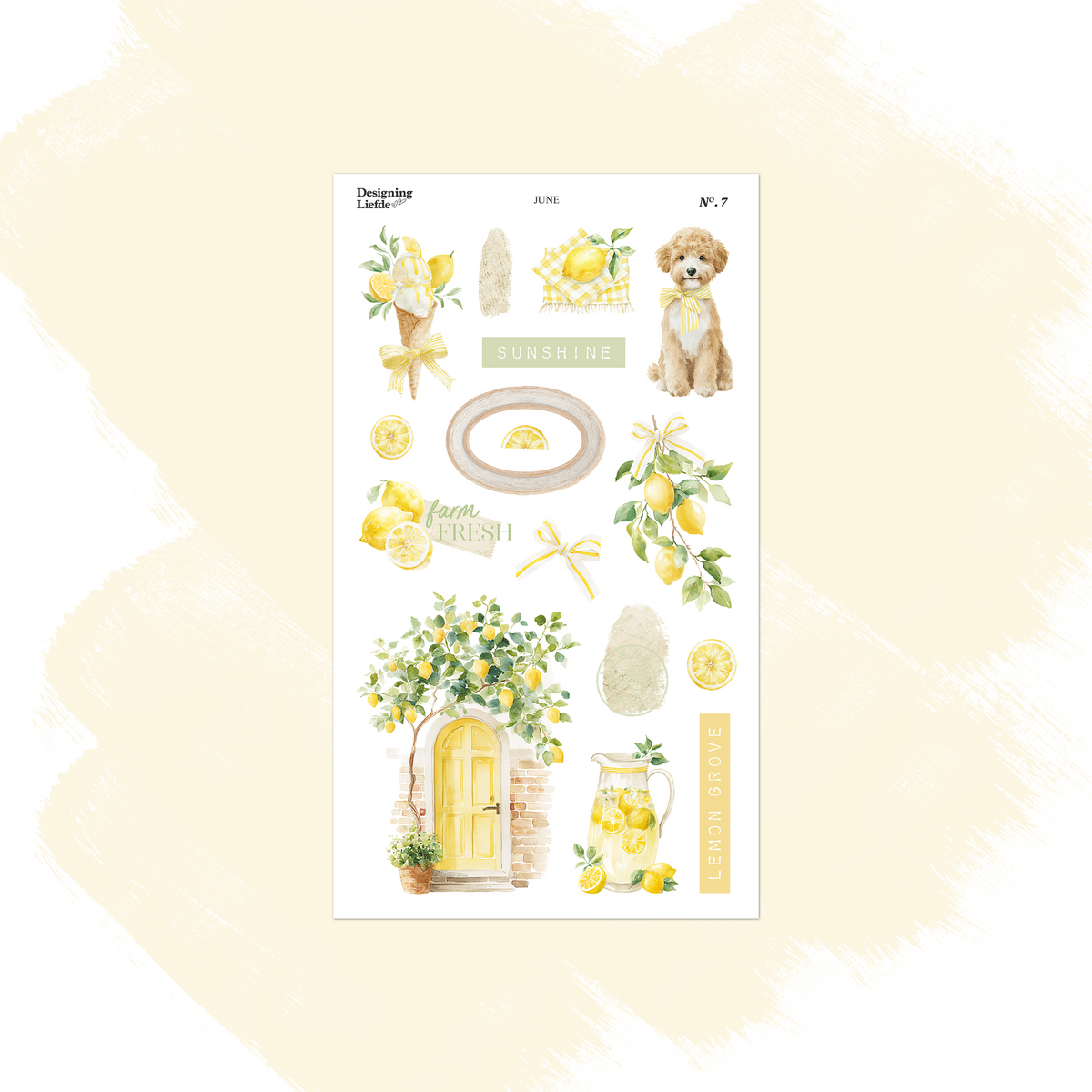 June decorative sticker sheet with lemons, small dog, flowers, garden door and sunny day labels