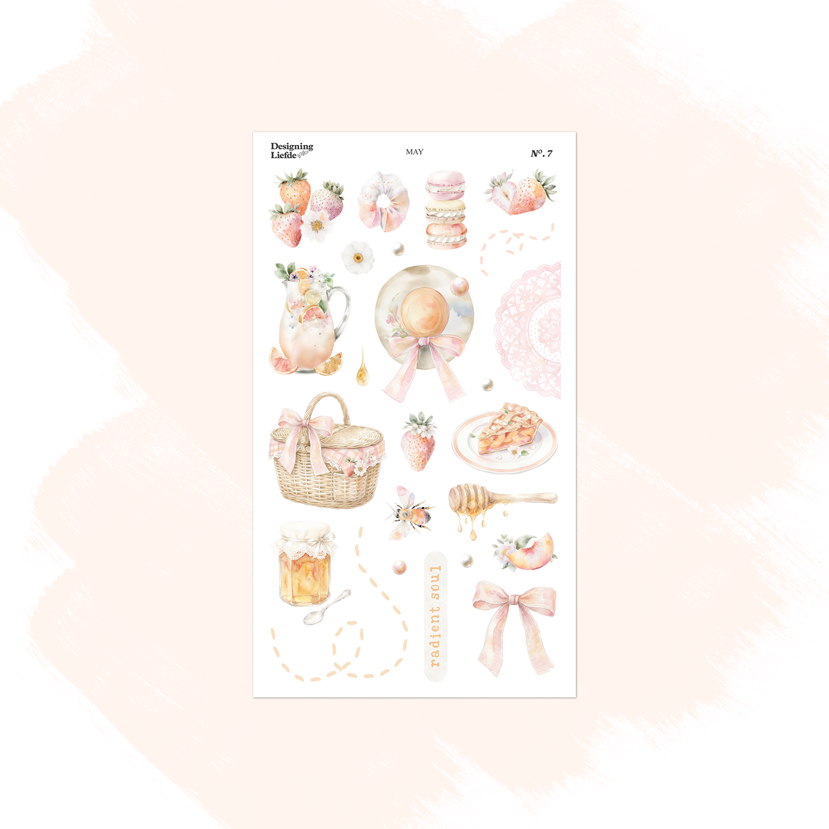 May decorative sticker sheet with strawberries, macarons, honey, picnic basket, flowers and bows