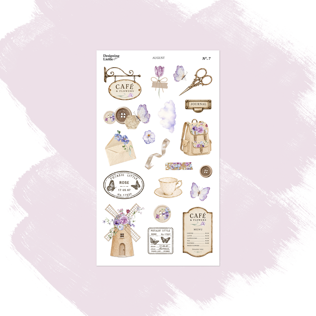 August decorative sticker sheet with café signs, buttons, journal, bag, windmill and sewing notions