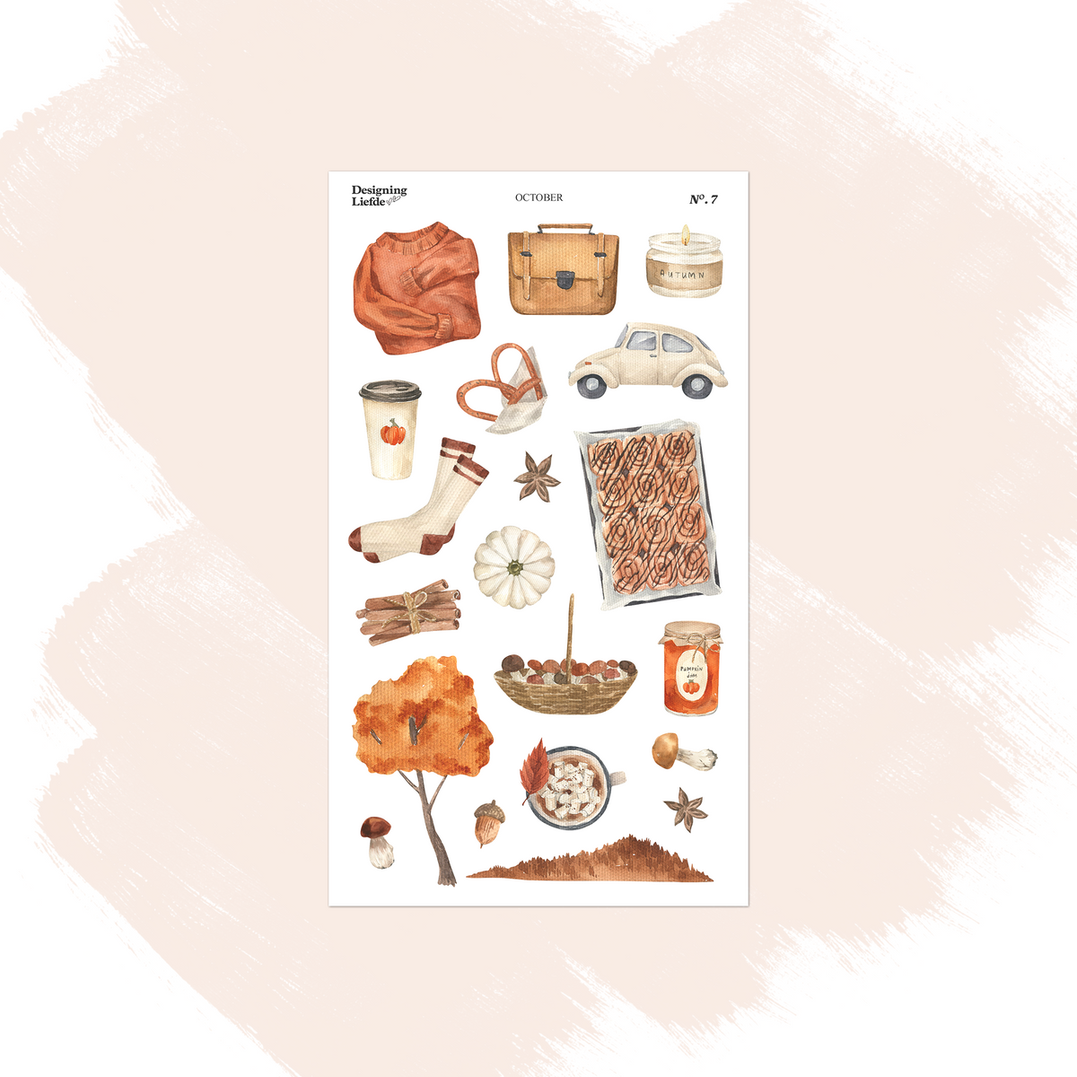 October decorative sticker sheet with coat, bag, car, coffee, books, leaves and picnic details