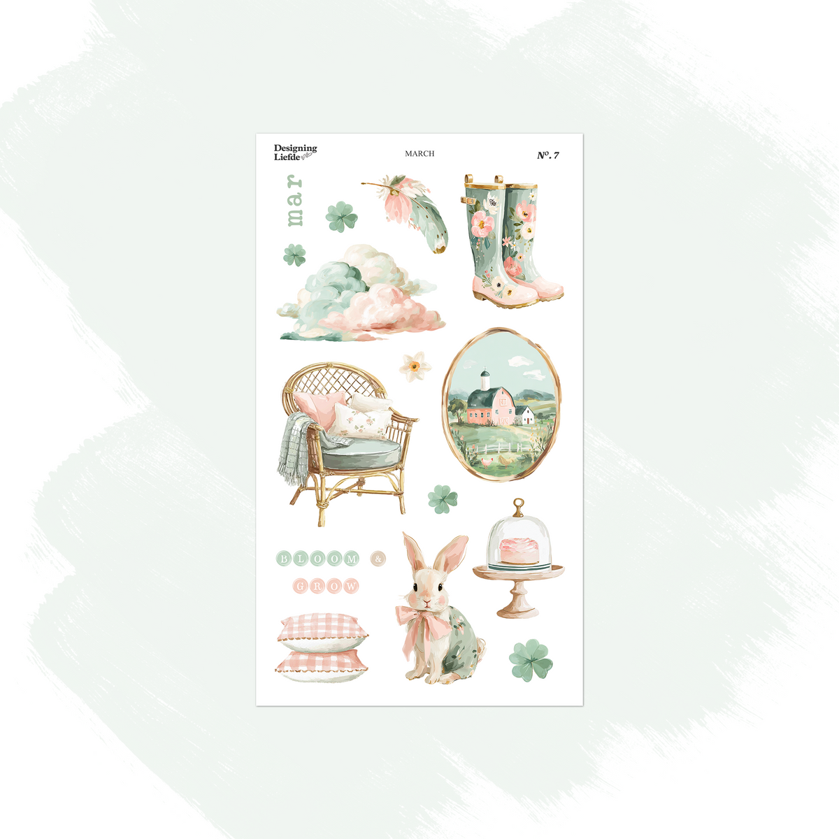 March decorative sticker sheet with rain boots, umbrella, chair, rabbit, cake and village scene