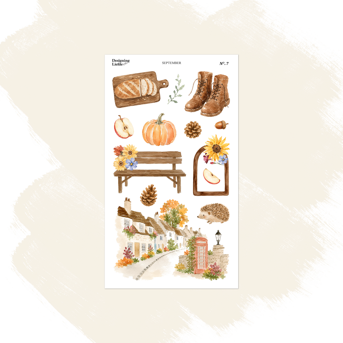 September decorative sticker sheet with bread, boots, pumpkins, bench, hedgehog and village scene
