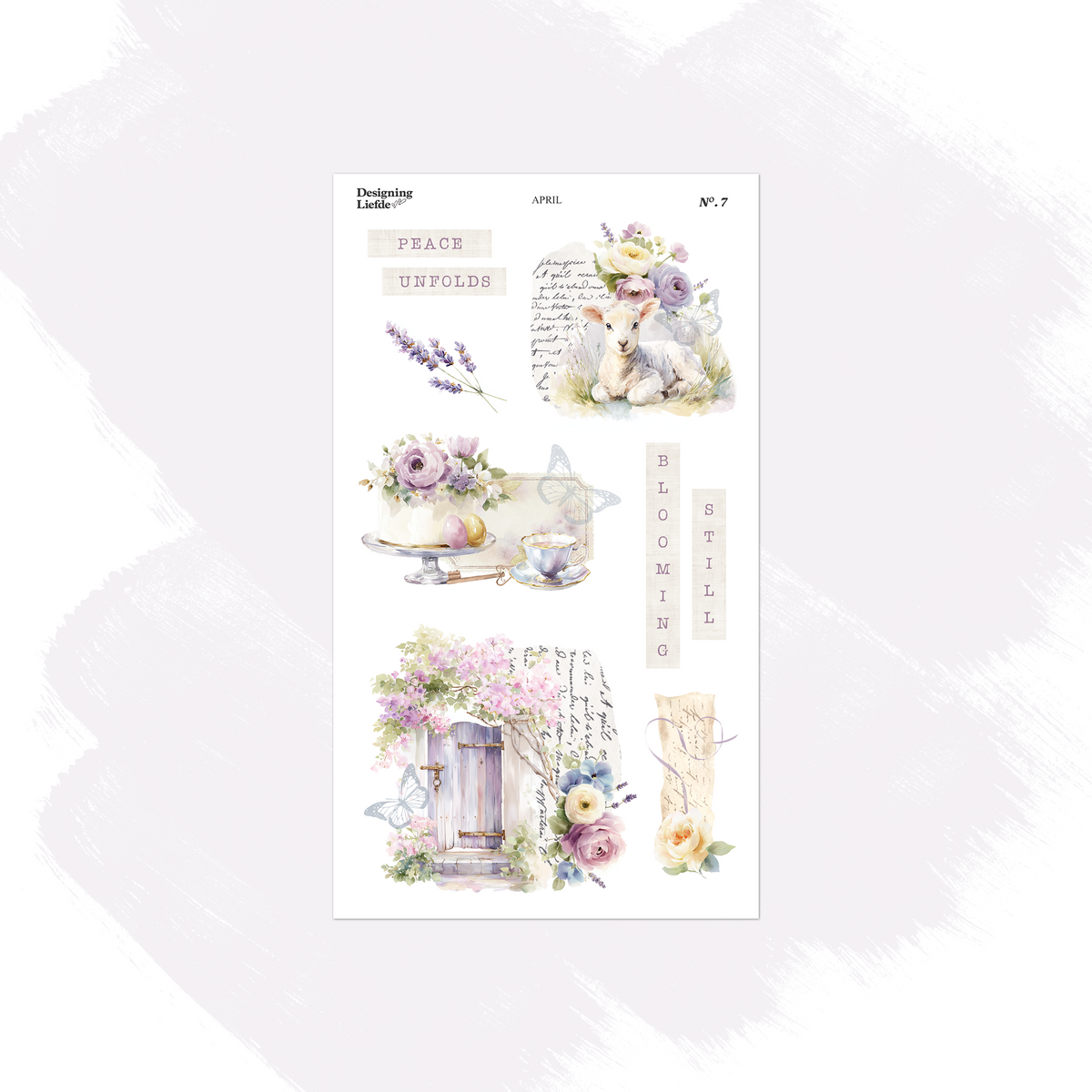 April decorative sticker sheet with a rabbit, lavender, teacup, florals and a garden door