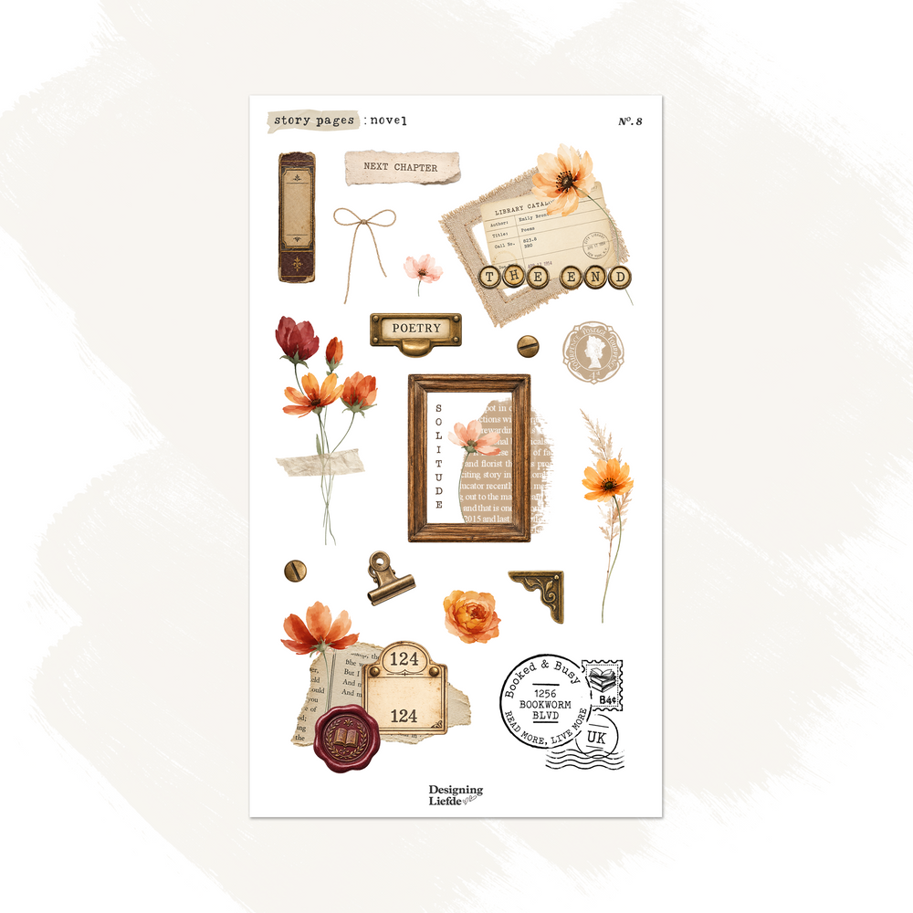 Novel journaling sticker kit with books, library cards, vintage postmarks, frames and orange flowers