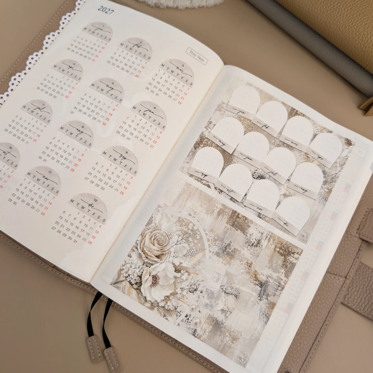 Douce Mémoire 2027 yearly overview calendar and monthly planning stickers installed in a Hobonichi Cousin