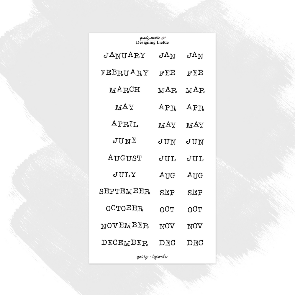 Quirky Months of the Year Stickers with full and abbreviated labels in distressed black typewriter lettering