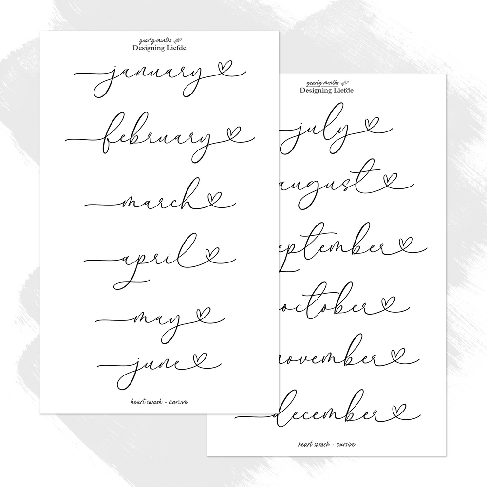 Two sheets of Cursive Months of the Year Stickers with 12 black heart-swash month labels