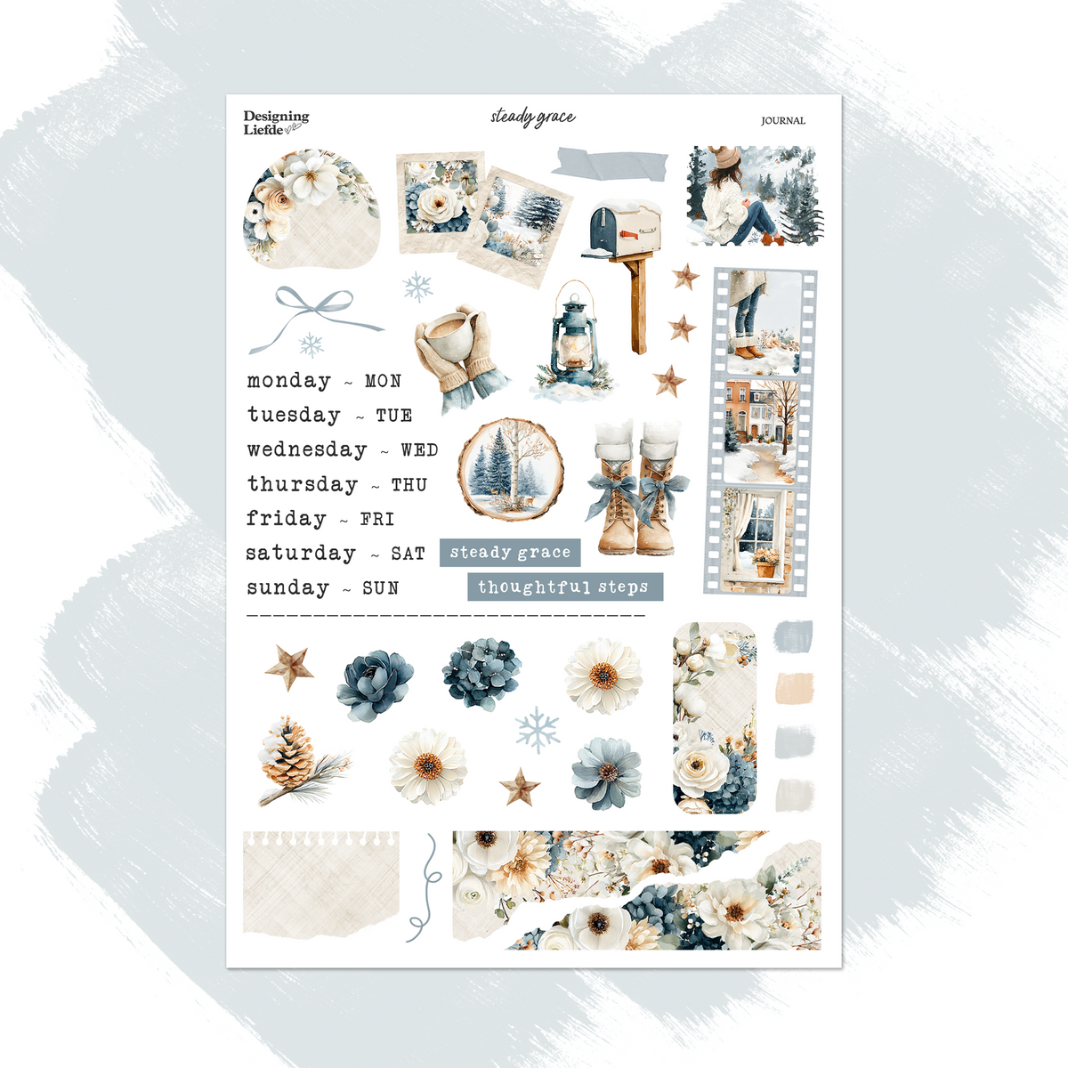 Steady Grace Functional Sticker Kit sheet with weekday labels, snowy town scenes, winter boots, lantern and blue flowers.