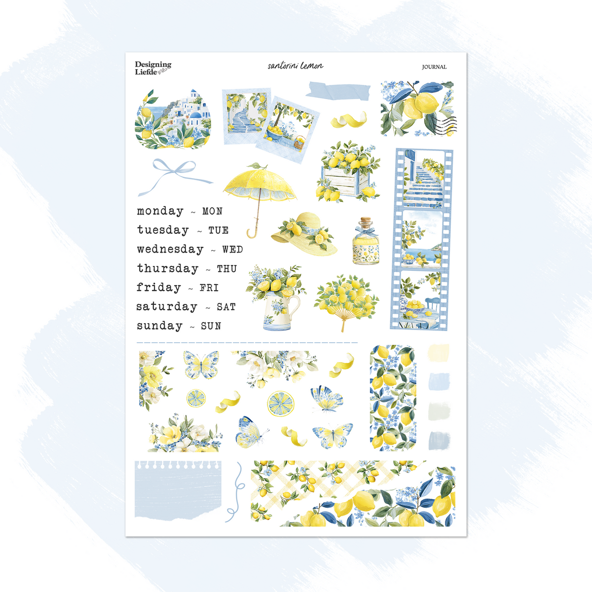 Santorini Lemon Functional Sticker Kit sheet with weekday labels, lemons, blue flowers, butterflies and Santorini scenes.