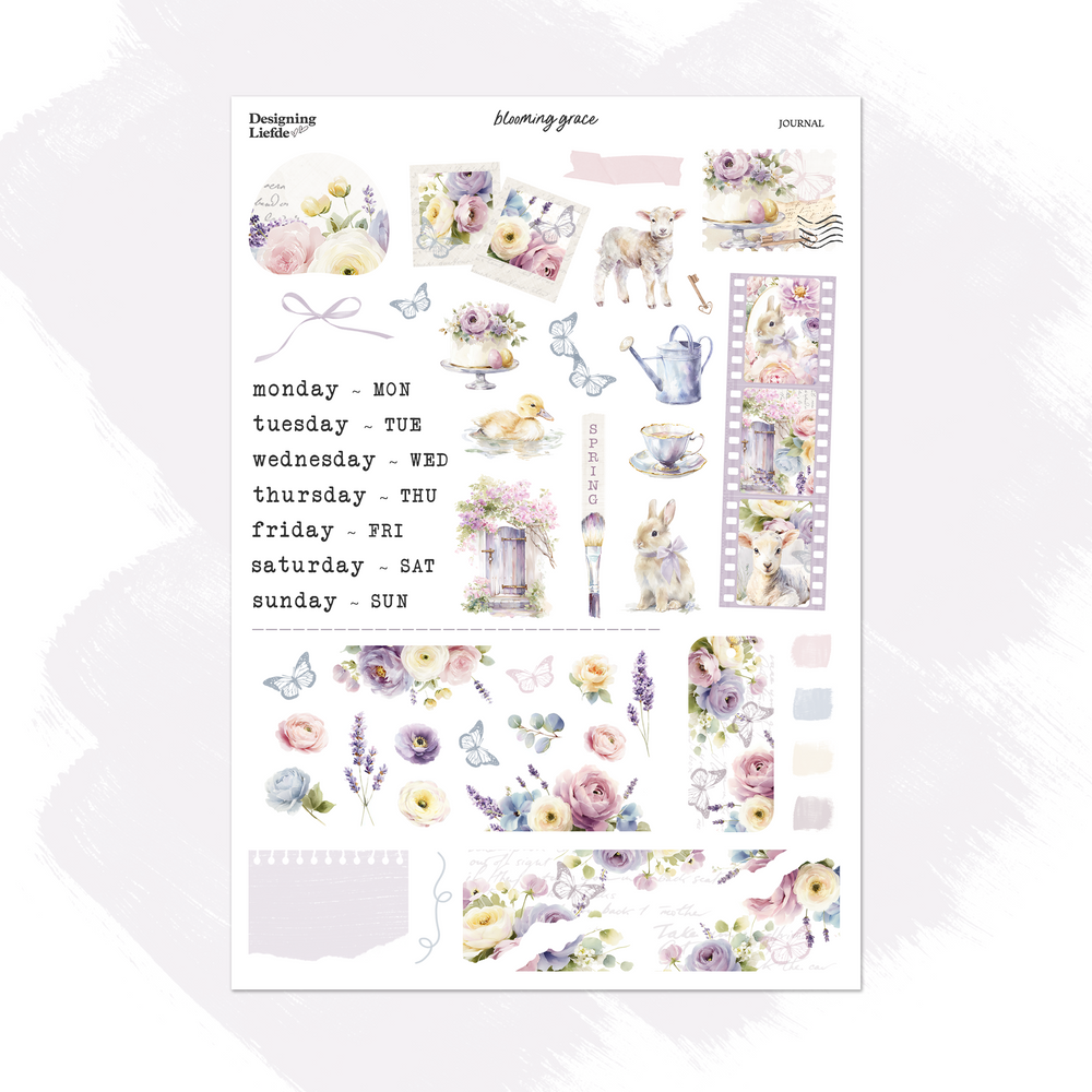 Blooming Grace Functional Sticker Kit sheet with weekday labels, pastel flowers, rabbits, lamb and spring accents.
