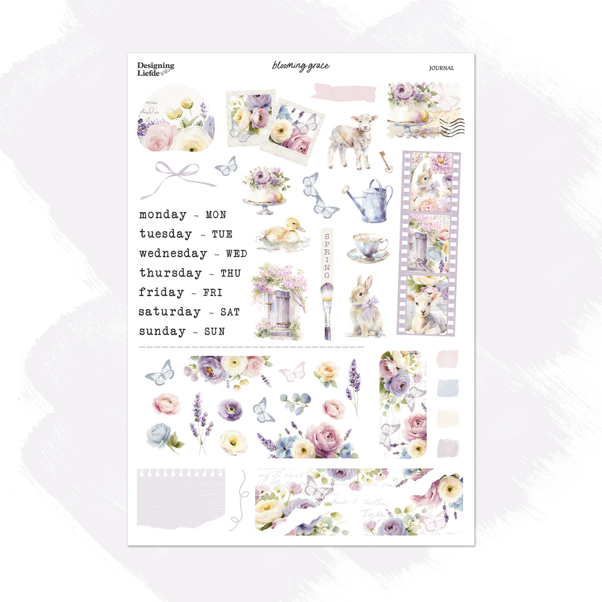 Blooming Grace Functional Sticker Kit sheet with weekday labels, pastel flowers, rabbits, lamb and spring accents.