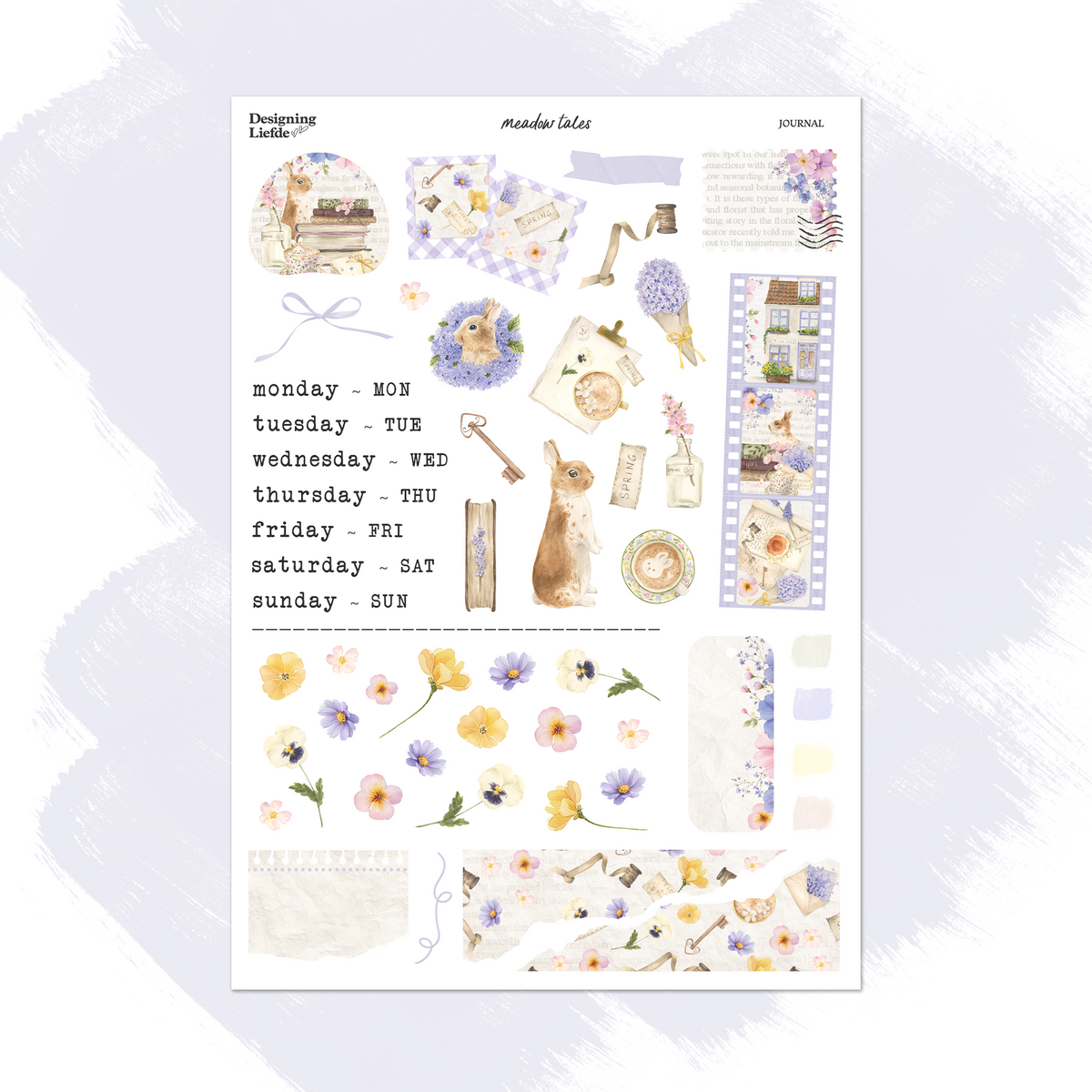 Meadow Tales Functional Sticker Kit sheet with weekday labels, rabbits, hydrangeas, books, tea and lilac spring scenes.
