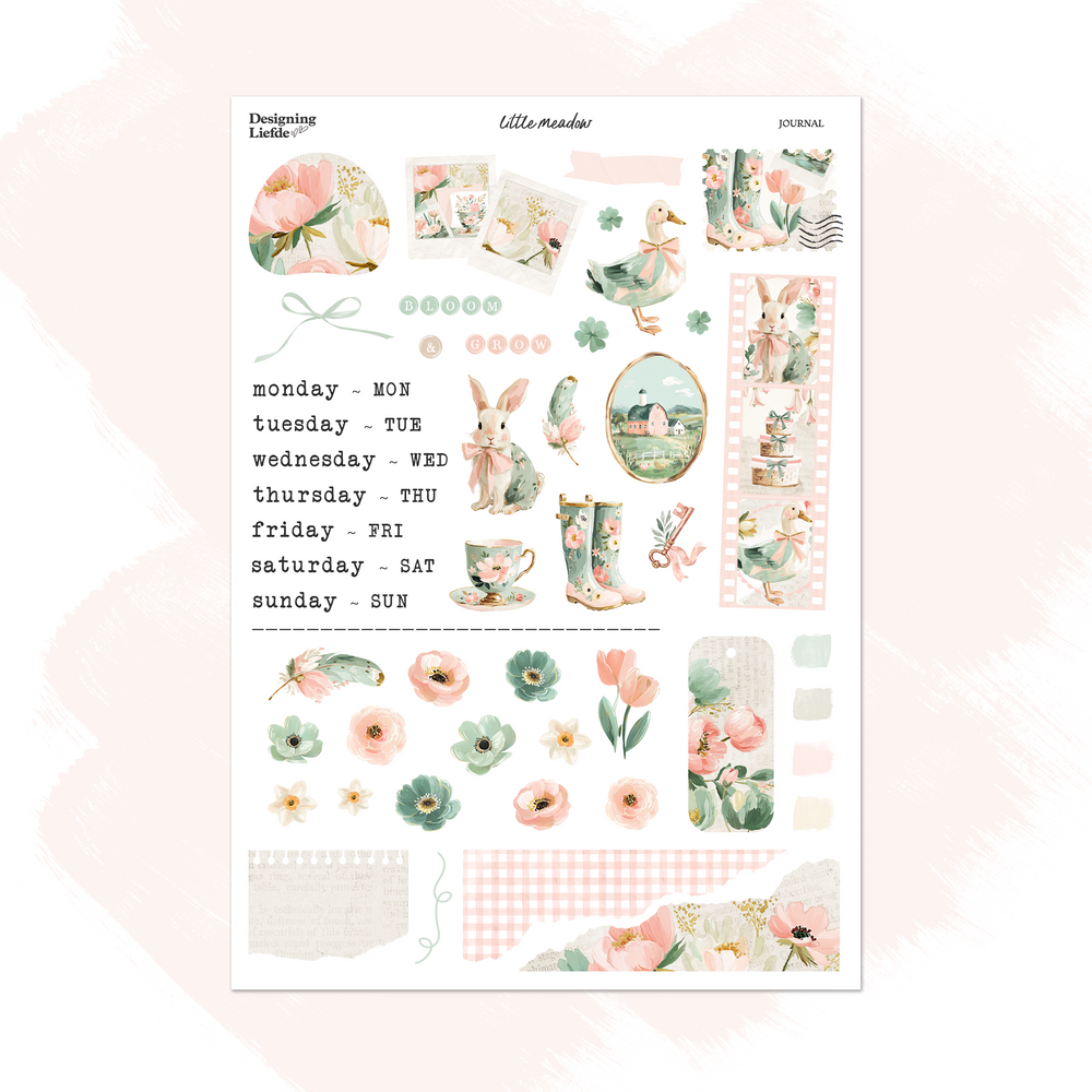 Little Meadow Functional Sticker Kit sheet with weekday labels, rabbit, duck, floral rain boots and pink meadow flowers.