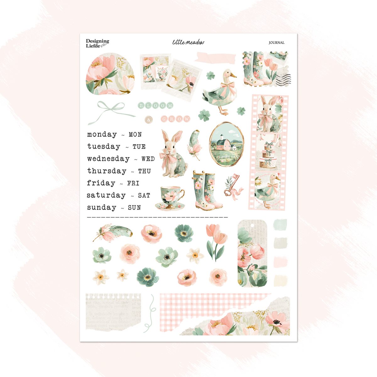 Little Meadow Functional Sticker Kit sheet with weekday labels, rabbit, duck, floral rain boots and pink meadow flowers.