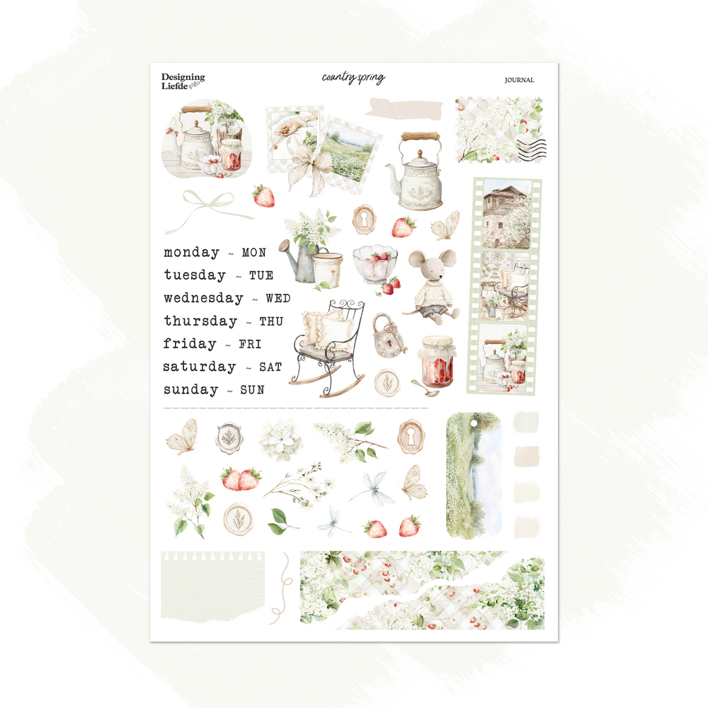 Country Spring Functional Sticker Kit sheet with weekday labels, strawberries, white blossoms, mouse and country scenes.