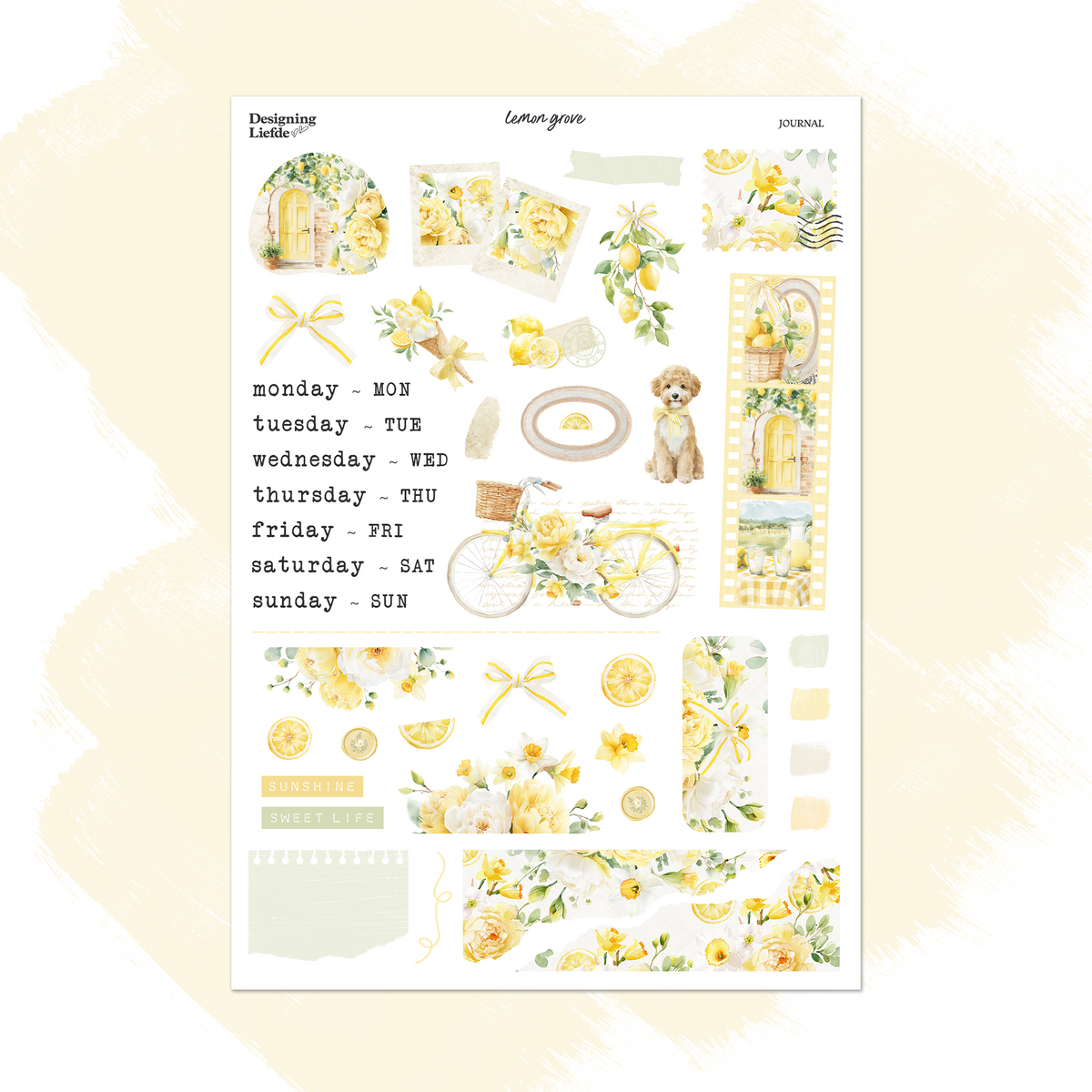 Lemon Grove Functional Sticker Kit sheet with weekday labels, lemons, yellow flowers, bicycle, puppy and garden scenes.