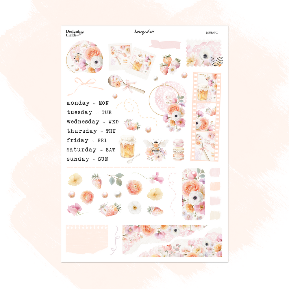 Honeyed Air Functional Sticker Kit sheet with weekday labels, bees, honey, strawberries, macarons and blush flowers.