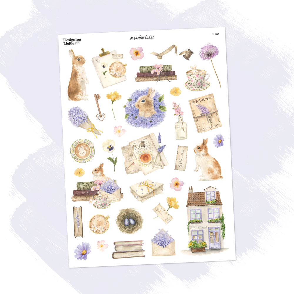 Meadow Tales A5 decorative sticker sheet with rabbits, lilac hydrangeas, teacups and spring stationery