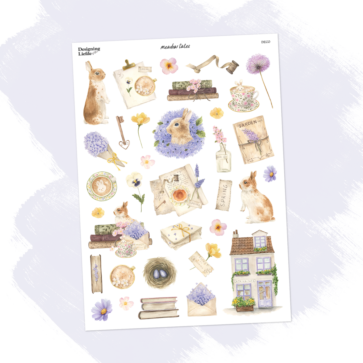 Meadow Tales A5 decorative sticker sheet with rabbits, lilac hydrangeas, teacups and spring stationery