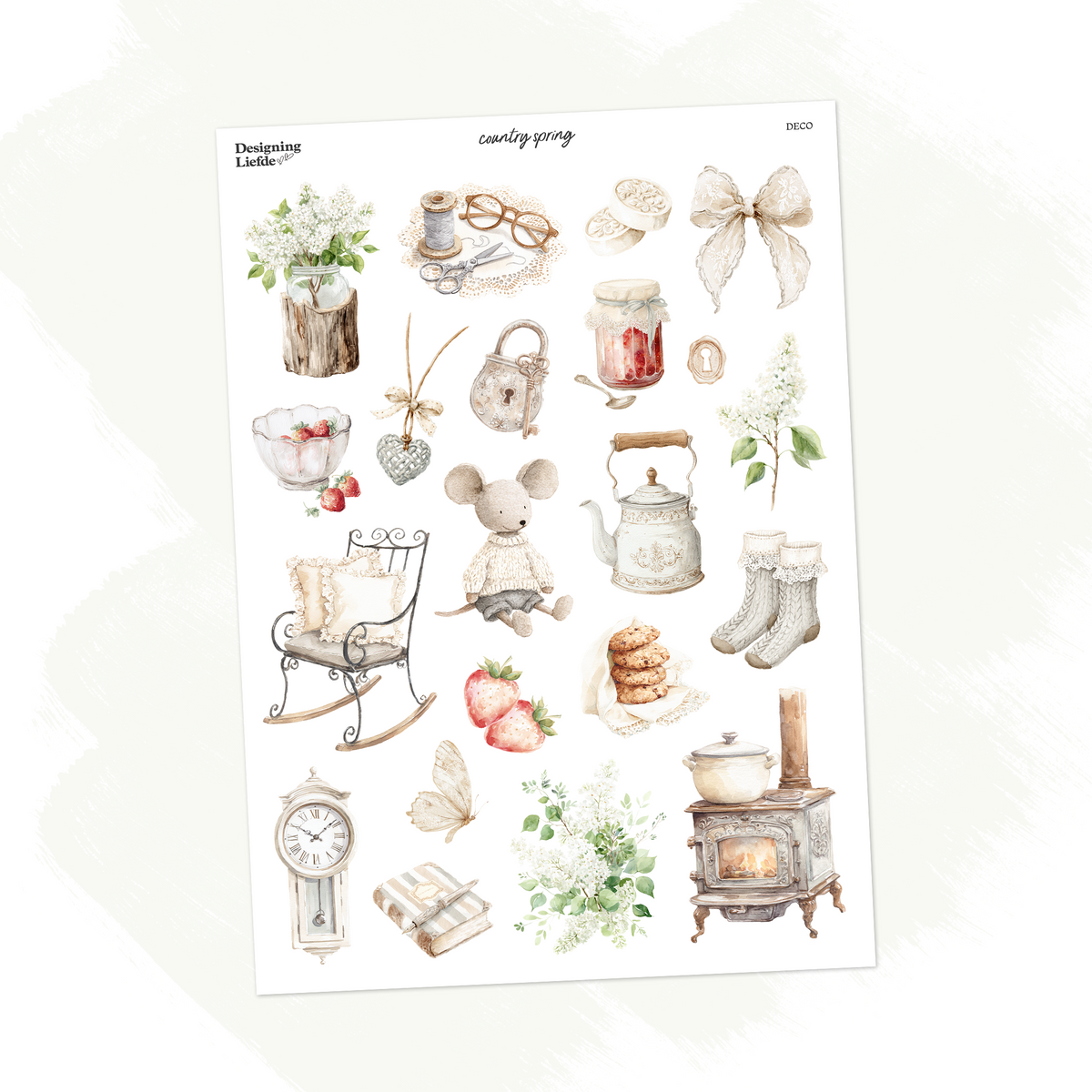 Country Spring A5 decorative sticker sheet with white florals, strawberries, a mouse and cosy cottage motifs