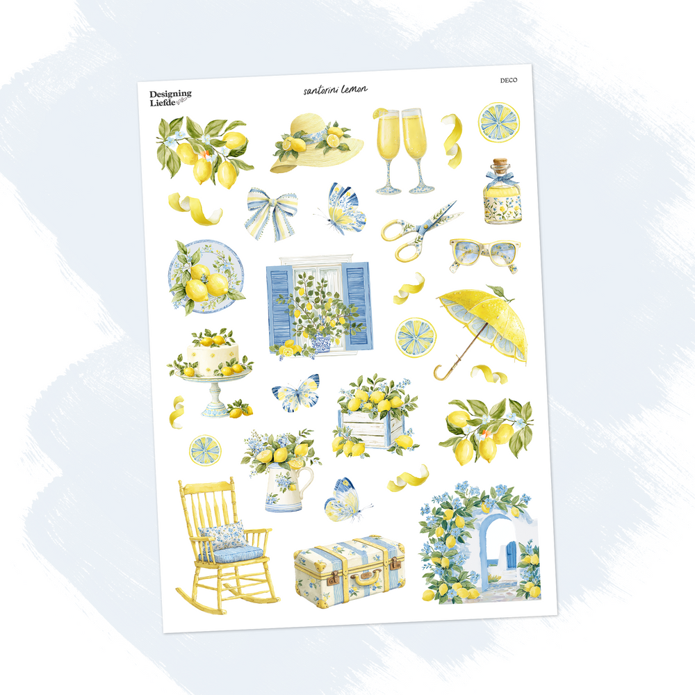 Santorini Lemon A5 decorative sticker sheet with lemons, butterflies, blue shutters and Mediterranean motifs