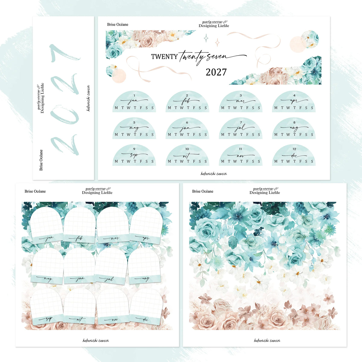 Complete separated four-sheet Brise Océane 2027 yearly overview kit for Hobonichi Cousin