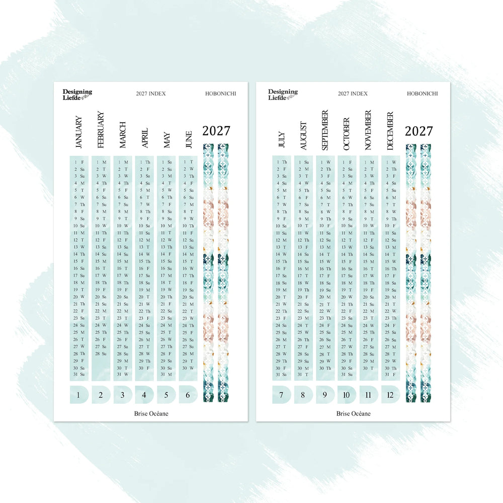 Two-sheet Brise Océane 2027 Yearly Index sticker kit for Hobonichi Cousin in aqua, teal and blush florals